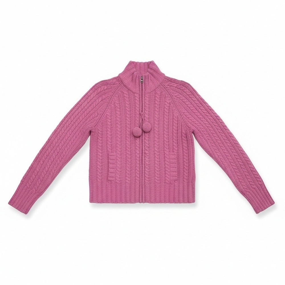 Gap Pink Cable Knit Pom Pom Full Zip‎ Mock Neck Cardigan, Women's Small Sweater